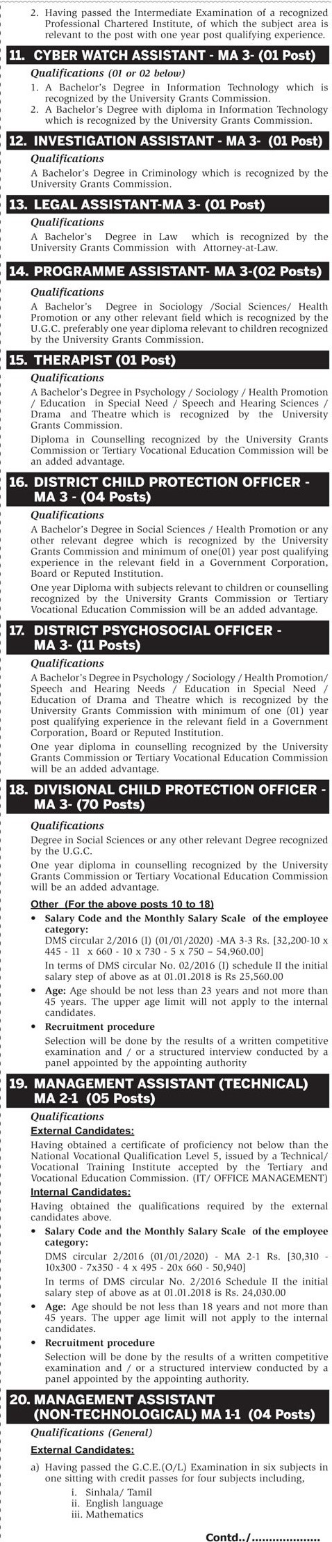 Management Assistant, Accounts Assistant, Manager, Programme Officer, Media & Information Officer, Translator, Investigation Assistant, Child Protection Officer, Driver, Messenger & more Vacancies - National Child Protection Authority